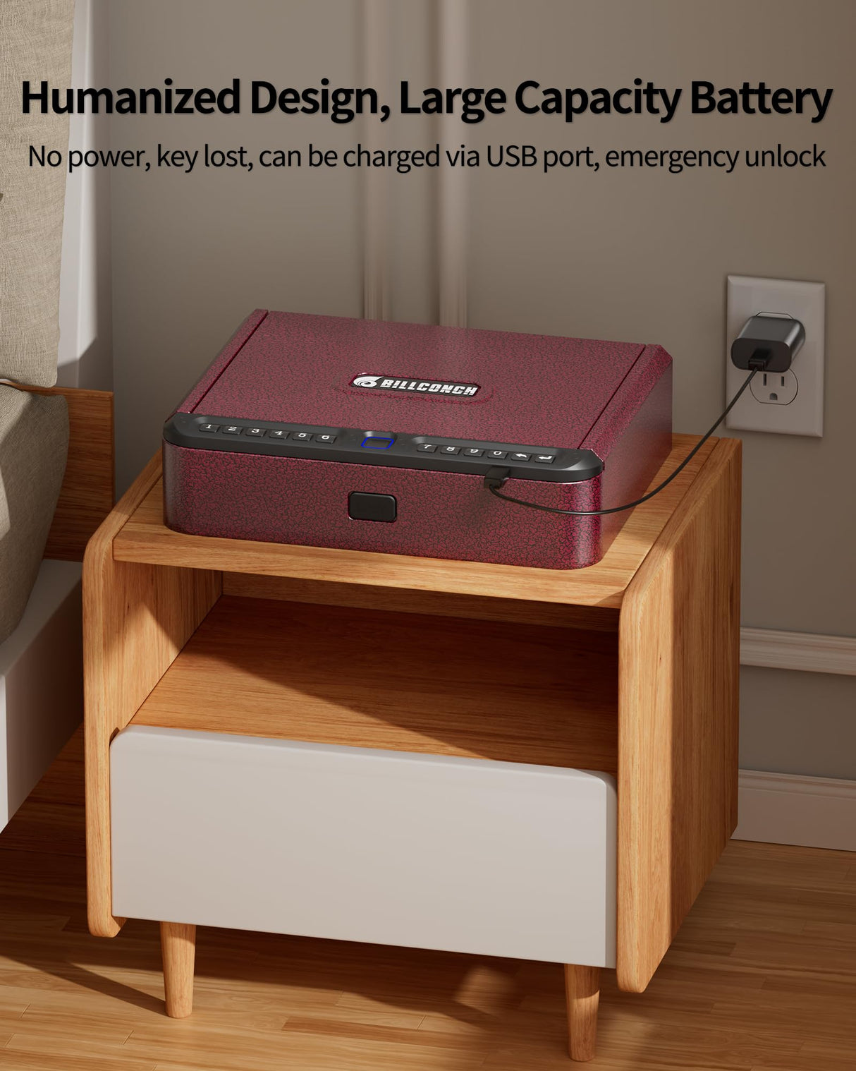 BILLCONCH Gun Safe for Handgun - Biometric Pistol Safe 4 Ways Quick Access with Fingerprint/Full-digital Keypad/Key/APP Lock and Security Cable for Nightstand Bedside Home - Burgundy Red BILLCONCH
