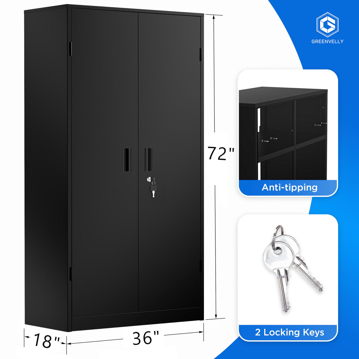Greenvelly Metal Garage Storage Cabinet, 72'' Lockable Steel Cabinet with 2 Doors and 4 Adjustable Shelves, Black Metal Tool Cabinets,Locking File Cabinet for Home Office, Garage, School Greenvelly