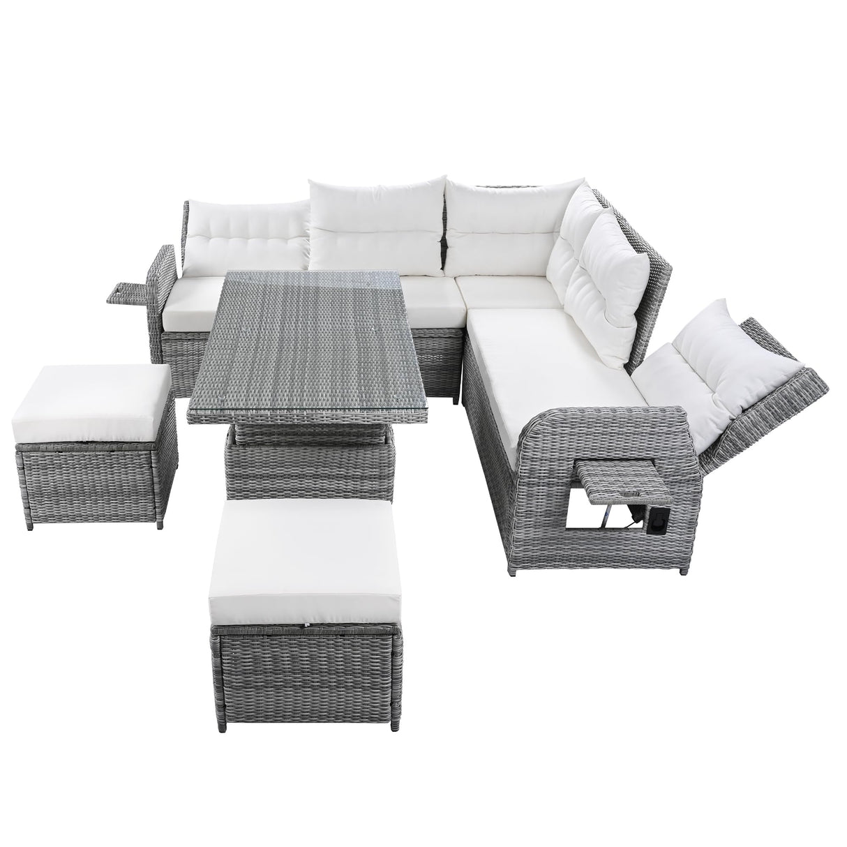 SOFTSEA 6-Piece Patio Furniture Set, Outdoor L-Shaped Sectional Recliner Sofa with 2 Ottomans, All Weather Cushions & Storage Table, Outdoor Conversation Set for Backyard, Beige SOFTSEA