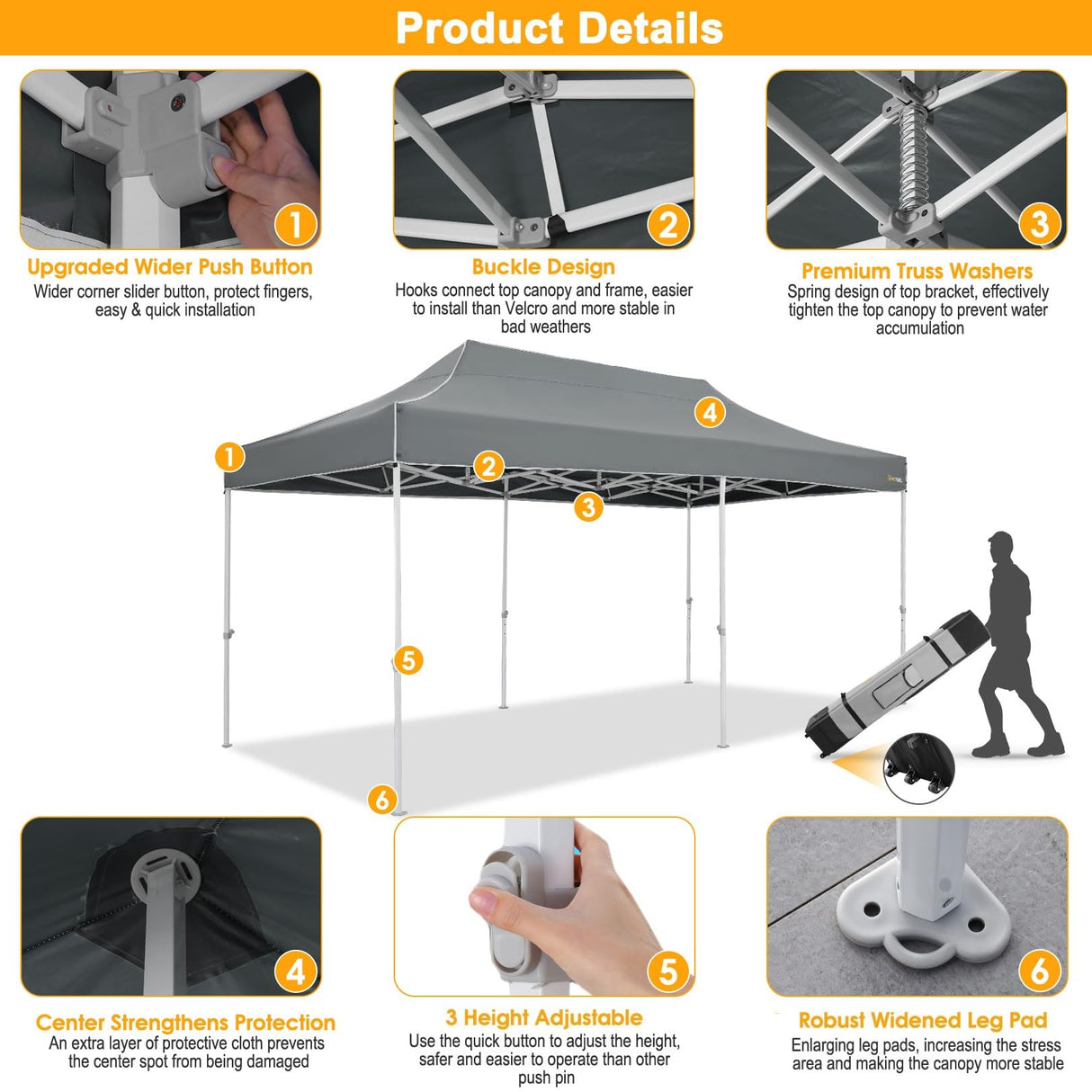 HOTEEL 10x20 Heavy Duty Pop Up Canopy Tent Outdoor Canopy Tents for Parties, Commercial Instant Waterproof Canopy Wedding Event Tent with Roller Bag, UV 50+Portable Shelter, Thick Hexagonal Legs, Grey Hoteel