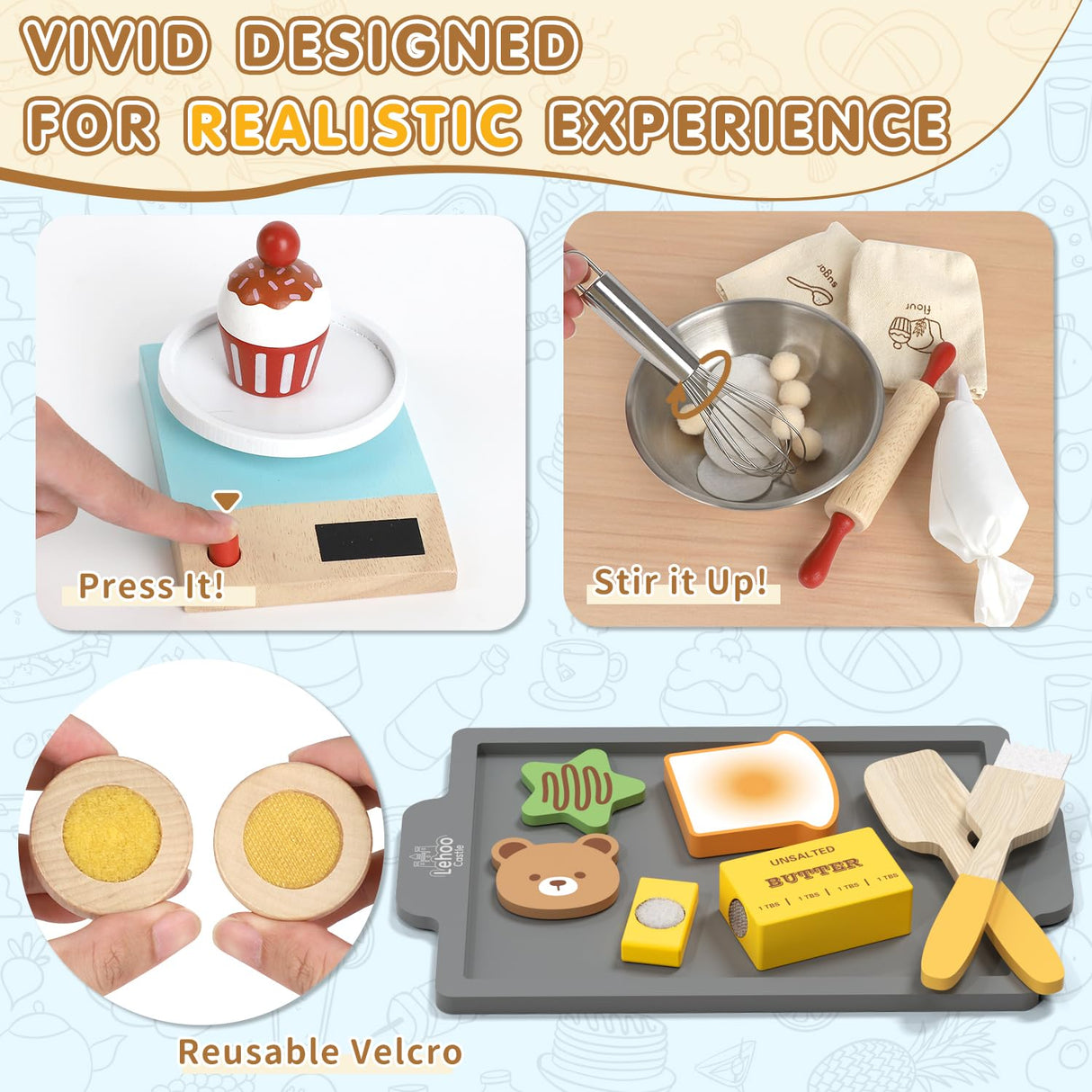 Lehoo Castle Wooden Play Food Set for Kids, Play Kitchen Accessories, Pretend Baking Playset, Cupcakes and Cookie Maker Toys, Preschool Cooking Toys for Toddlers Boys Girls Ages 3+ Lehoo Castle