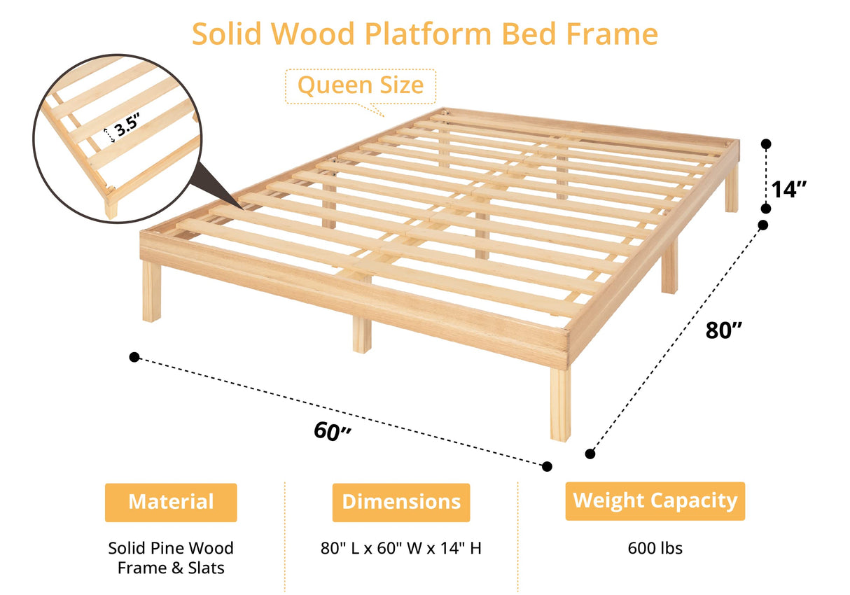 Naomi Home 14 Inch Pine Wood Queen Platform Bed Frame - Sturdy, No Squeak Design, No Box Spring Needed Naomi Home