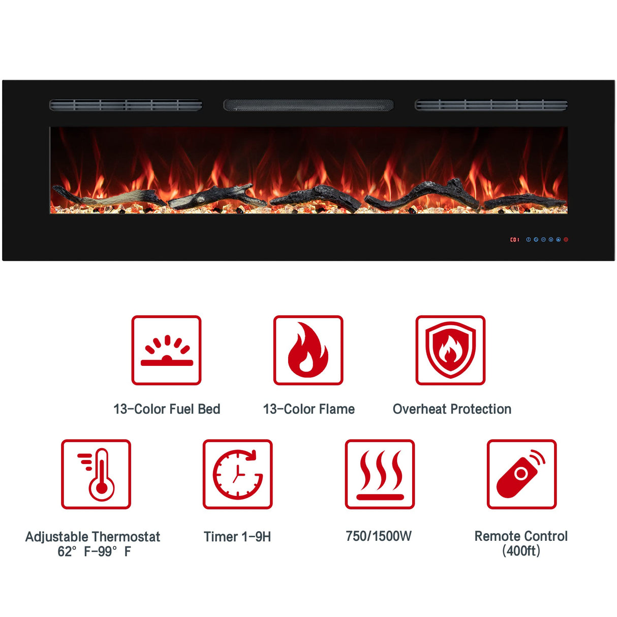 VINEMOUNT 60'' Electric Fireplaces Inserts, Recessed & Wall-Mounted Fireplace Heater with Thermostat, Multicolor Flames,Timer, Log & Crystal, 750/1500W, Black VINEMOUNT