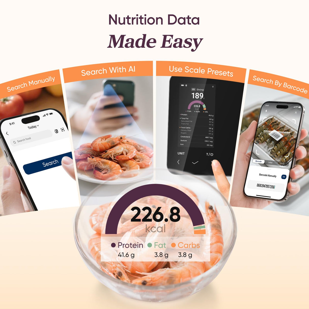 Cosori Smart Food Kitchen Scale with Nutritional Calculator, Free App for AI Scan, Calorie & Macro Tracking, Food Preload, On-Screen Nutrient Info, Personal Goals, Rechargeable, 11 lb / 5 kg COSORI