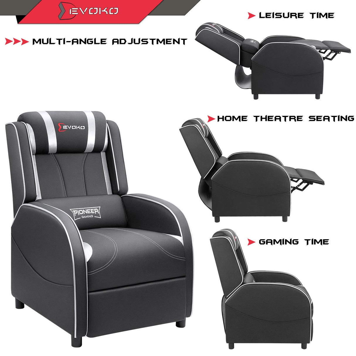 Devoko Massage Gaming Recliner Chair PU Leather Home Theater Seating Single Modern Living Room Sofa Recliners (Silver) Devoko