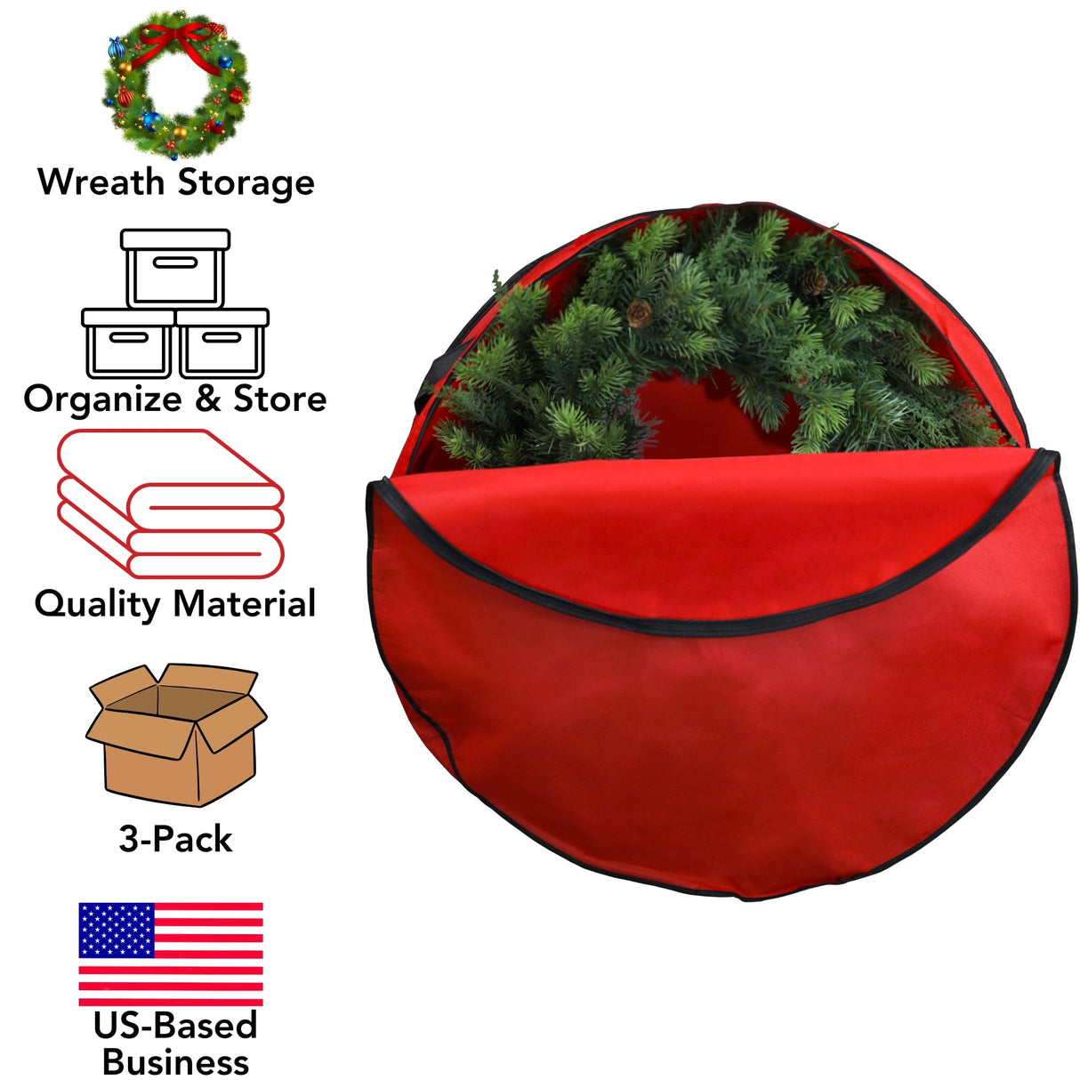 Iconikal 3-Pack Wreath Storage Bag with Handle 30-Inch Diameter Red Zippered Christmas Holiday Garland Organizer Tear-Resistant Protective Bulk Pack Iconikal