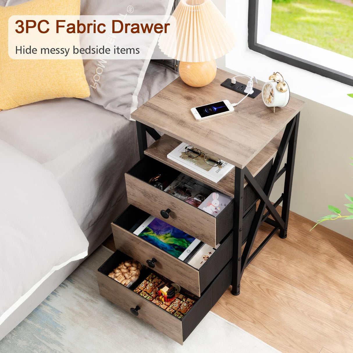 AMHANCIBLE Night Stand Set 2, LED Nightstand with Charging Station, End Side Tables with USB Port & Outlet, Bedside Table with 3 Fabric Drawers for Bedroom Living Room, Greige, HET053LGY AMHANCIBLE