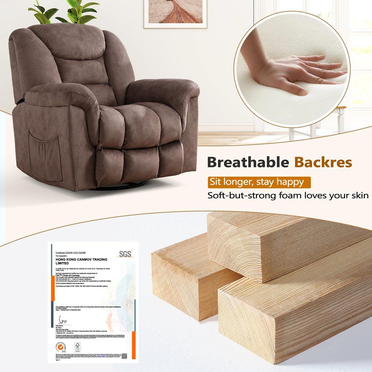 ANJ Rocker Recliner Chair Oversized Manual 360° Swivel Recliners Comfy Glider Rocking Chairs for Big Man Extra Wide Overstuffed Reclining Chair for Living Room, Camel ANJ