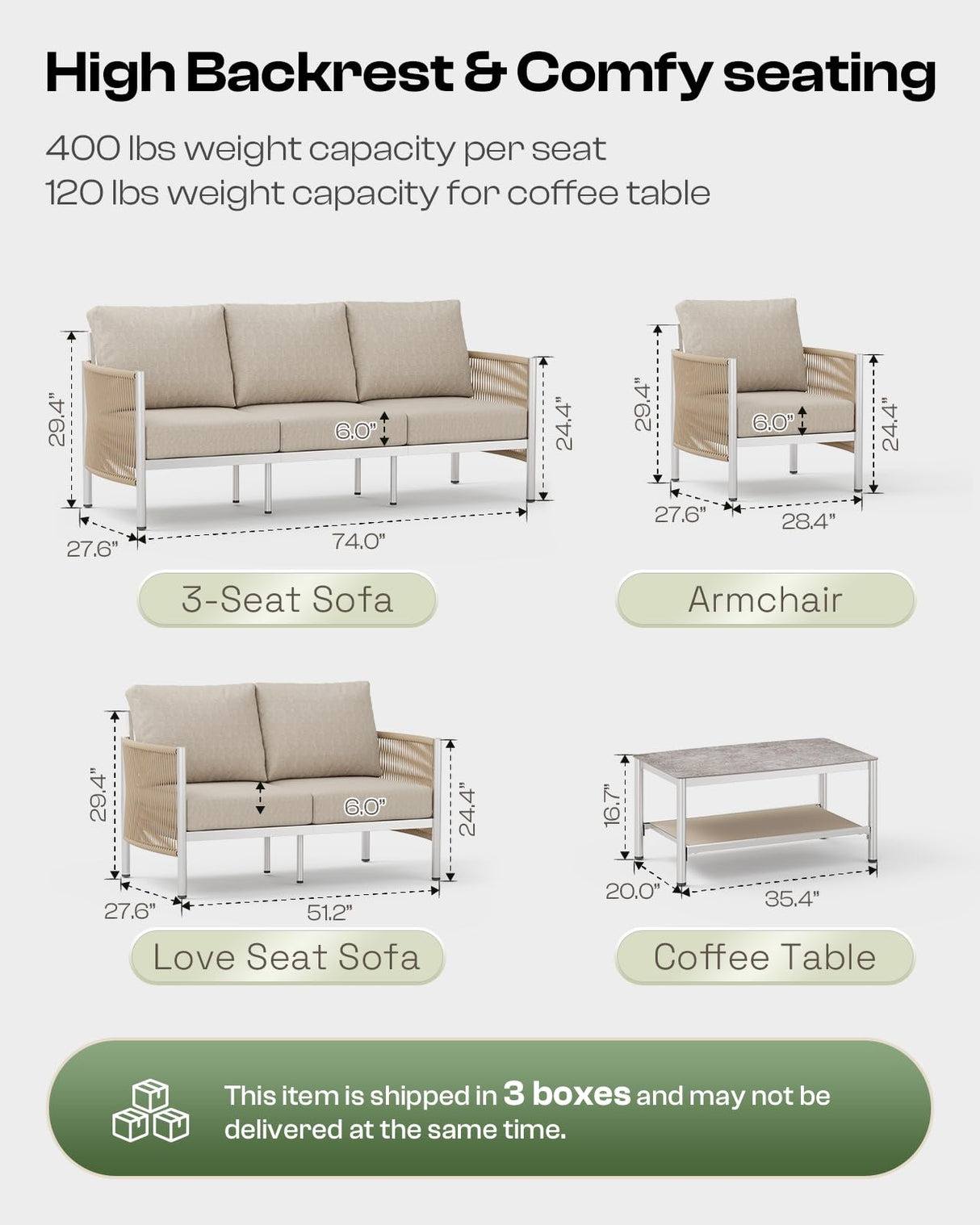 Oasbira Aluminum Outdoor Patio Furniture Set, HDPE Rope 5 Piece Modern Sectional Conversation Sets with Dual-Layer Coffee Table, All Weather Patio Couch Set with Thick Cushions, Silver Frame, Beige Oasbira