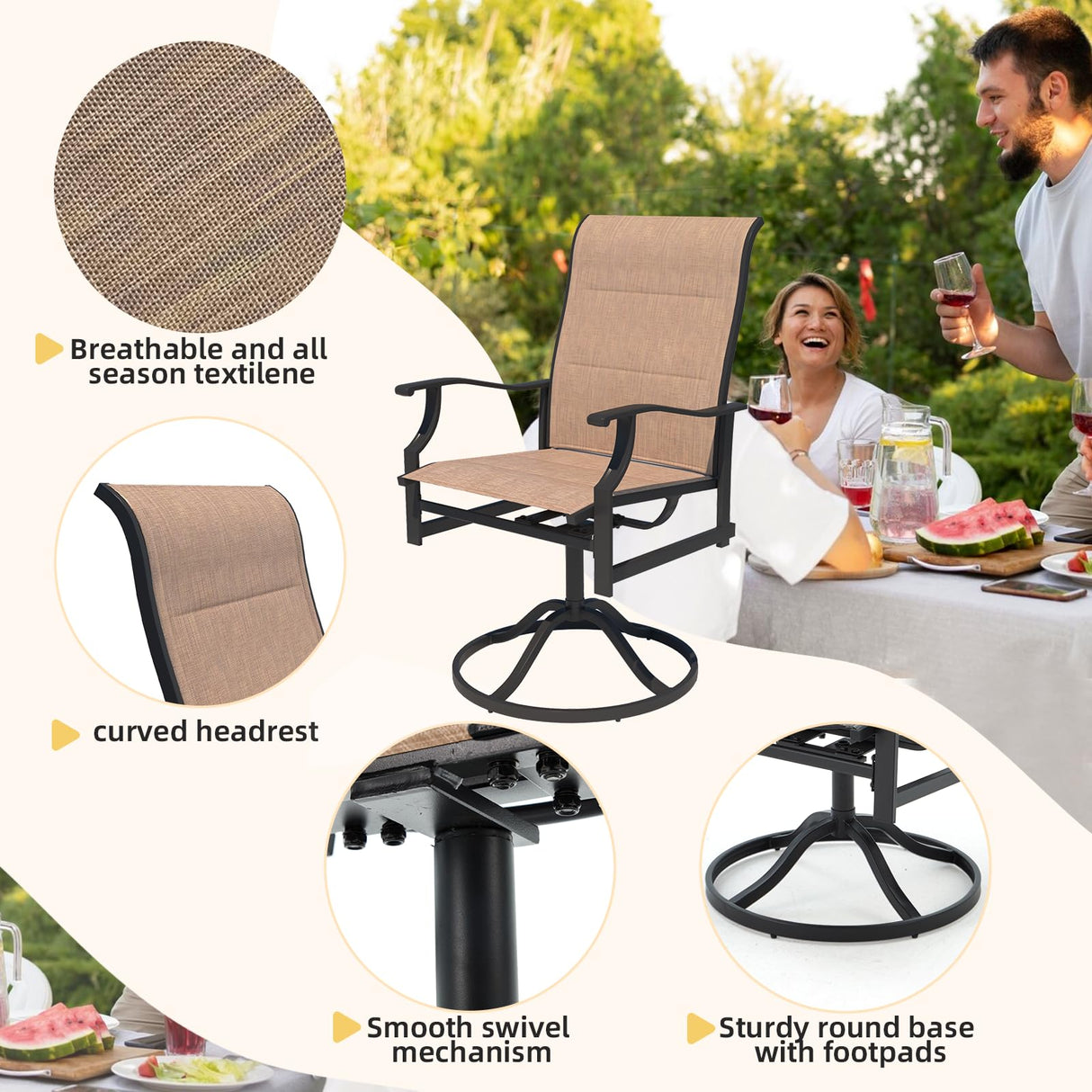 7-Piece Outdoor Patio Dining Set with 6 Swivel Rocker Chairs, Rectangular Metal Table with Umbrella Hole, 6-Person Patio Table and Chairs furniture for Backyard, poolside, Balcony and Garden Brown BUPPLEE