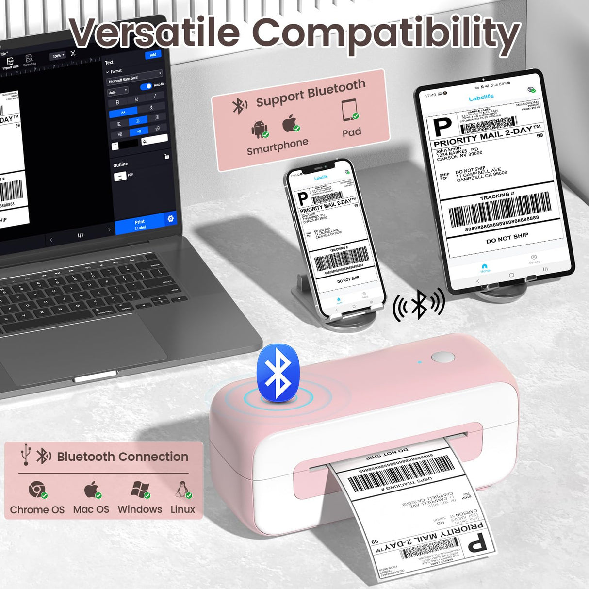 Phomemo Bluetooth Thermal Shipping Label Printer, 2025 Upgrade 4x6 Desktop Thermal Label Printer for Shipping Packages/Small Business/Office/Home, for Amazon, Ebay, Shopify, Etsy, UPS, FedEx - Pink Phomemo