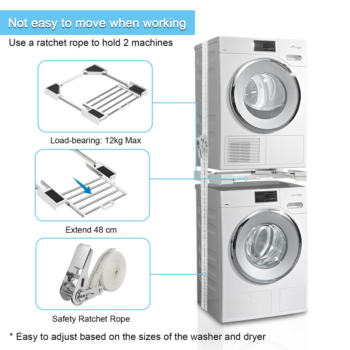 Kiss Core Washer Dryer Stacking Kit 29 inch, Universal Washer and Dryer Stacking Kit with Pull Out Drying Rack, Adjustable 29"/28"/27"/26"/25"/24" Stacking Kit with Ratchet Strap Kiss Core