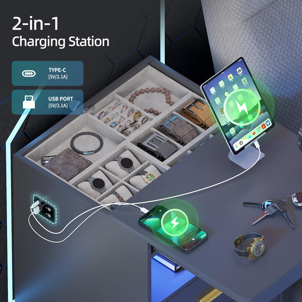 Gurexl LED Nightstand with Gun Drawer, Modern Beside Table with Charging Station, Auto Sensor 3 Color Dimmable Night Stand with Open Compartment for Bedroom Gurexl