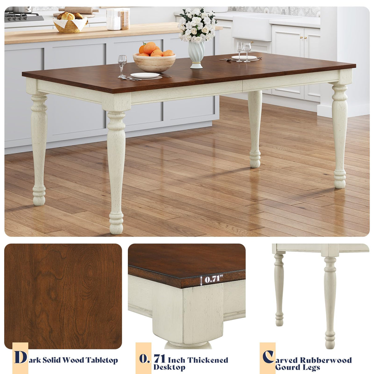 AMERLIFE 6-Piece Farmhouse Dining Table Set with 4 Upholstered Chairs and Bench, 71” Solid Wood Table, Seating for 6, for Dining Room or Kitchen, Rustic White & Walnut Finish AMERLIFE