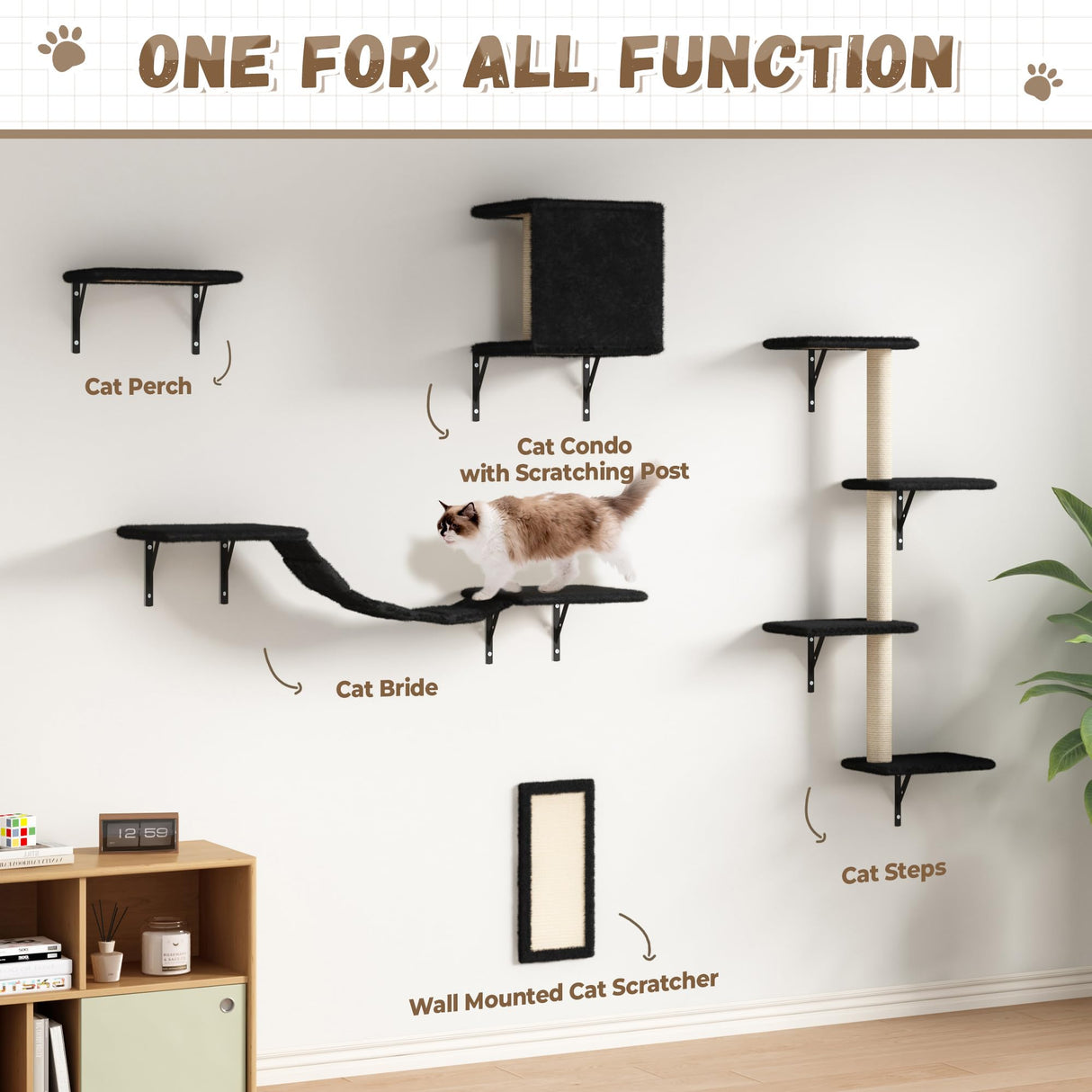 COZIWOW Wall Mounted Cat Furniture, Cat Wall Shelves and Perches, Floating Cat Shelves for Wall Set of 5 (Black) COZIWOW