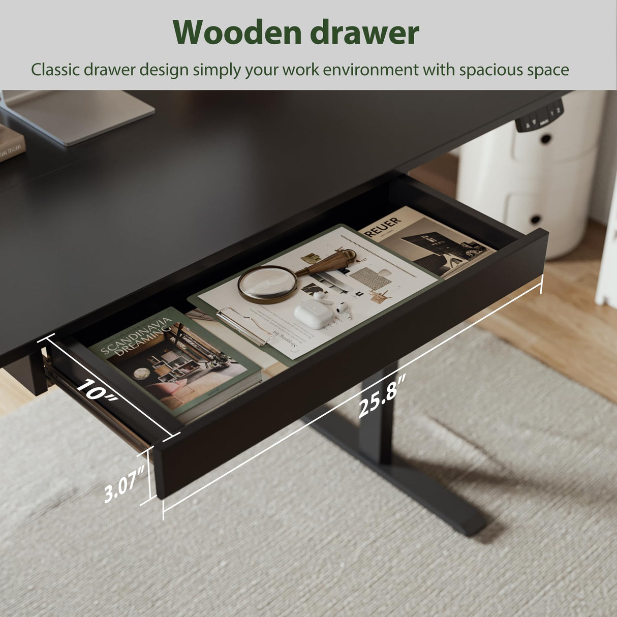 Agilestic Adjustable Height Electric Standing Desk with Storage Wooden Drawer, 55 x 24 Inches Stand Up Home Office Computer Gaming Table for Work Office Home, Black Agilestic