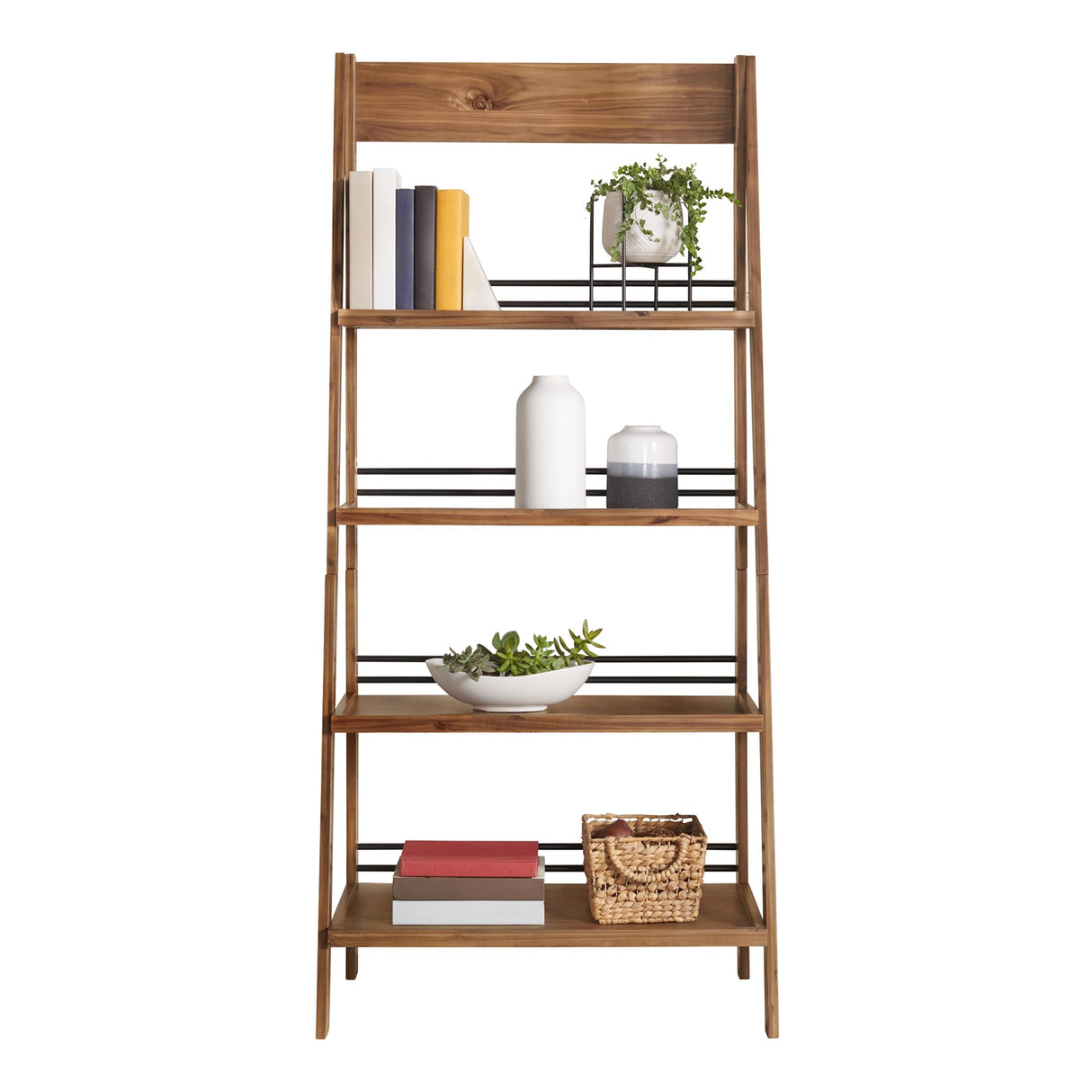 Alaterre Furniture Ladder Bookshelf - Freestanding 4-Tier Bookcase with X-Back Frame - Shelves for Living Room, Kitchen, Bedroom, and Office (Walnut) Alaterre Furniture