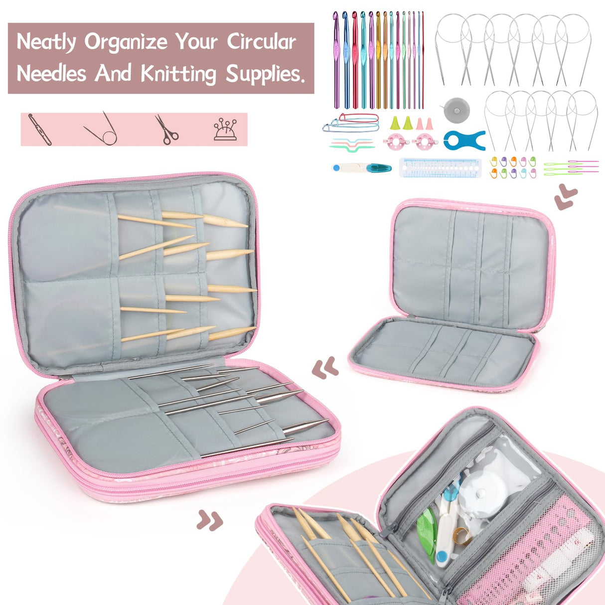 Katech Knitting Needle Case (up to 8''), Circular Knitting Needles Organizer Case for Interchangeable Knitting Needle, Portable Travel Needle Organizer Bag with Zipper for Carry Knitting Accessories Katech