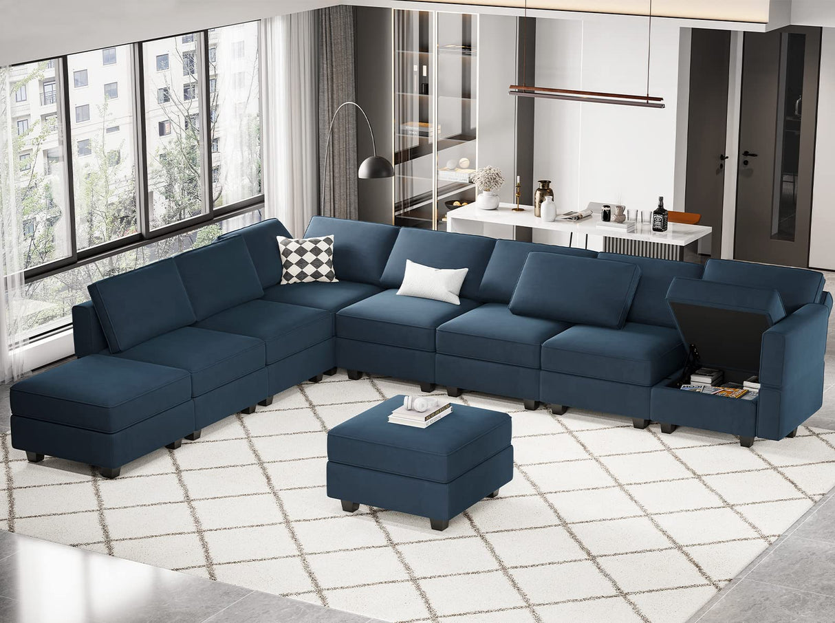 Belffin Modular Sectional Sofa with Ottomans Velvet Reversible Sleeper Sectional Sofa with Chaise Modular Sleeper Sofa Bed with Storage Seat Blue Belffin
