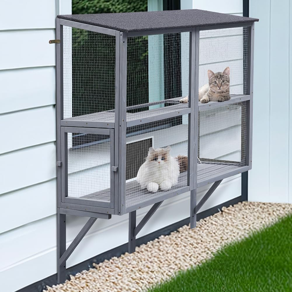 beeNbkks Cat Catio 2 Tiers Window Box Enclosure for Multiple Indoor Cats Expandable Wooden Cat Window Perch House Secure Comfortable Outdoor