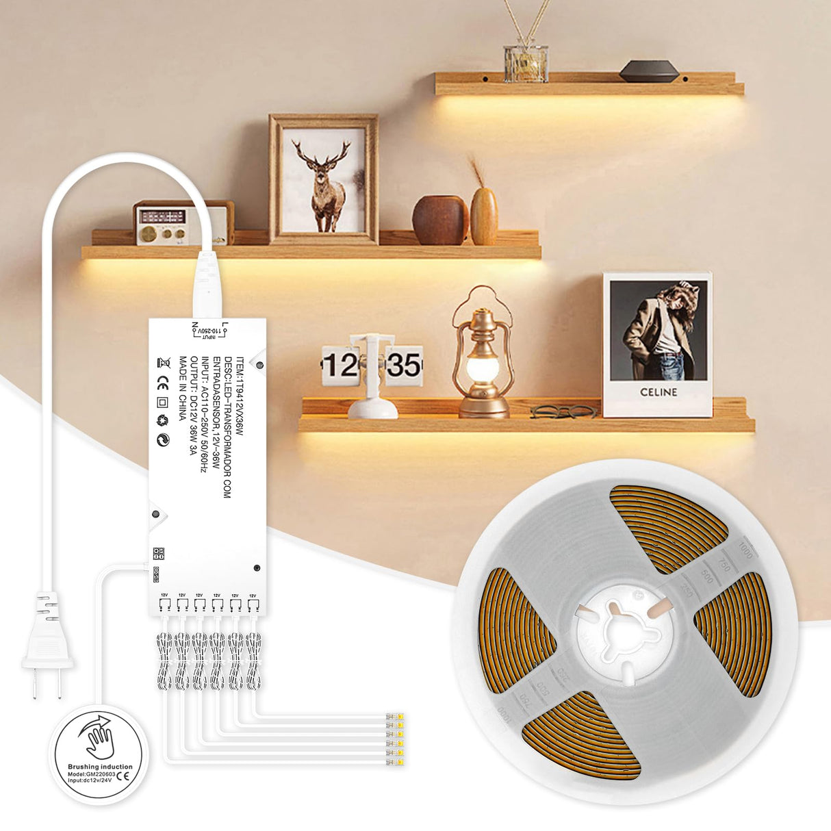 CUBITOR Under Cabinet COB Led Light Strip kit,16.4ft/5m Cuttable 3000K,Diffused Power with 6 Output Ports,Touch Switch&Dimmer Strip for Gun Safe Case,Book Shelf,Floating Shelf,Wall Panel,Home Decor CUBITOR