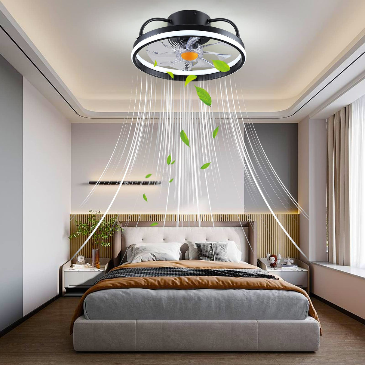 Mpayel Flush Mount Ceiling Fans with Lights and Remote Control,Modern Enclosed Bladeless,15'' Low Profile Ceiling Fan with Stepless Dimming Lighting Fixture for Bedroom Kitchen(Black)…… Mpayel