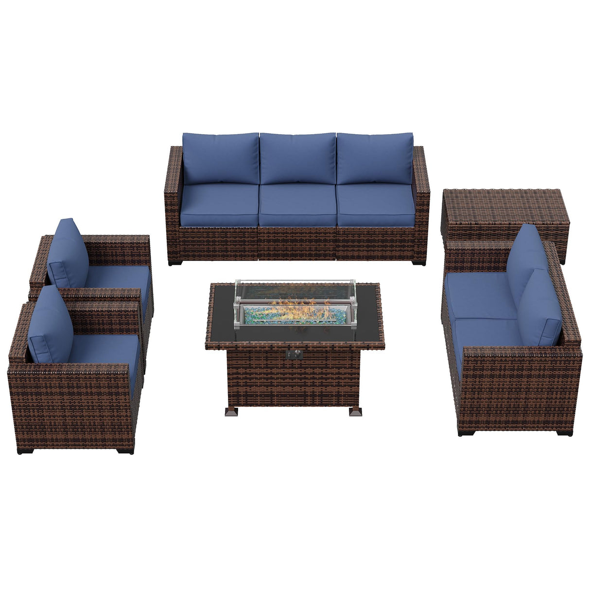 Amopatio Patio Furniture Set with Fire Pit Table, 6 Pieces Outdoor Oversized Sectional Couch Wicker Patio Armrest Sofa, 44" Fire Pit Conversation Sets with Storage Table, Waterproof Cover (Navy) Amopatio