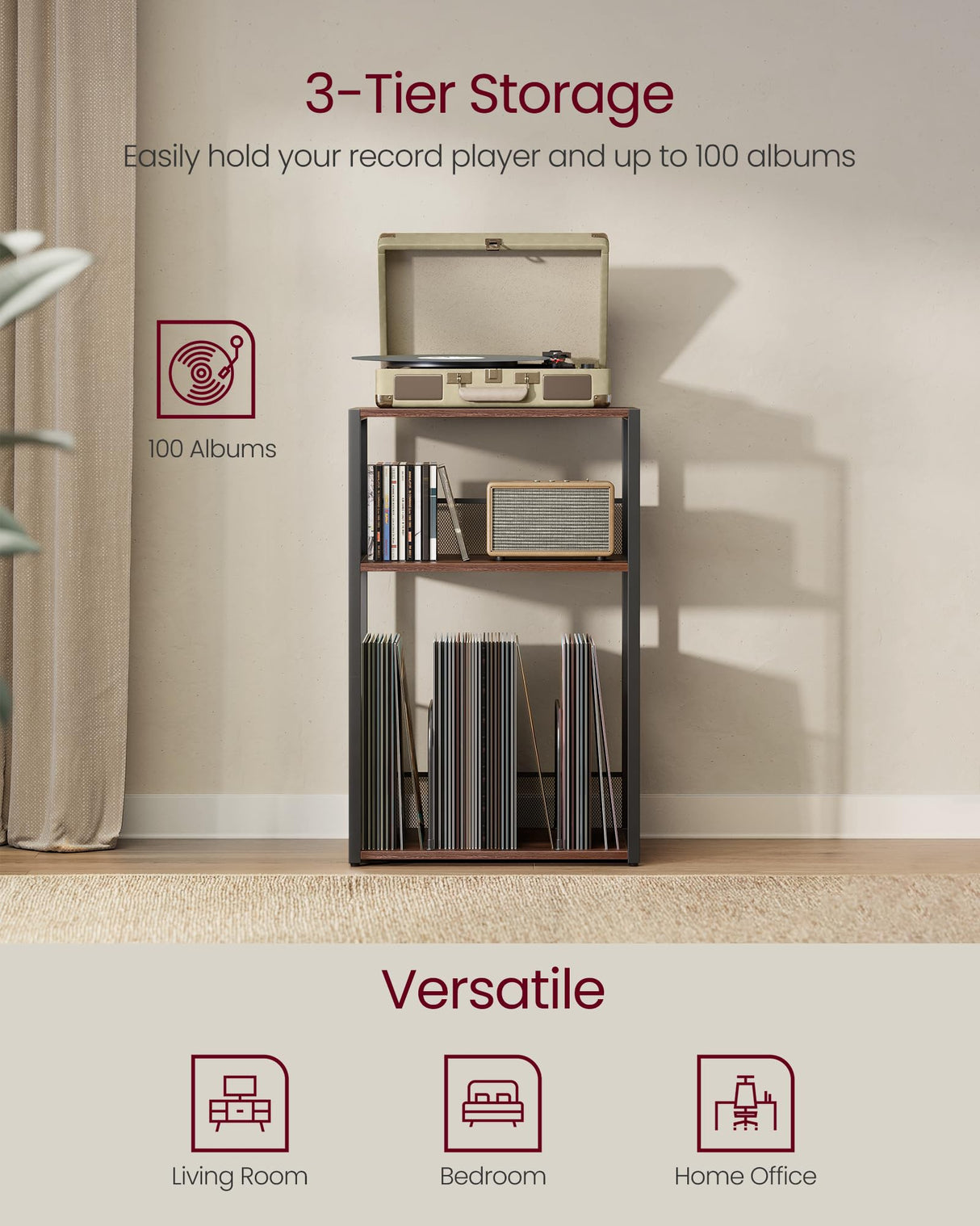 VASAGLE Record Player Stand, 3-Tier Side Table, Vinyl Record Storage up to 100 Albums, End Table for Living Room, Bedroom, Natural Walnut ULET275K02 VASAGLE