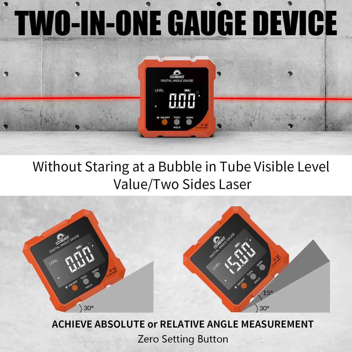 Coobeast Digital Angle Finder Magnetic, Rechargeable Digital Angle Gauge, Mini Protractor Angle Finder Measuring Tool for Woodworking Tablesaw(Laser Level is Class II, Output<5mW), Gift for Men coobeast