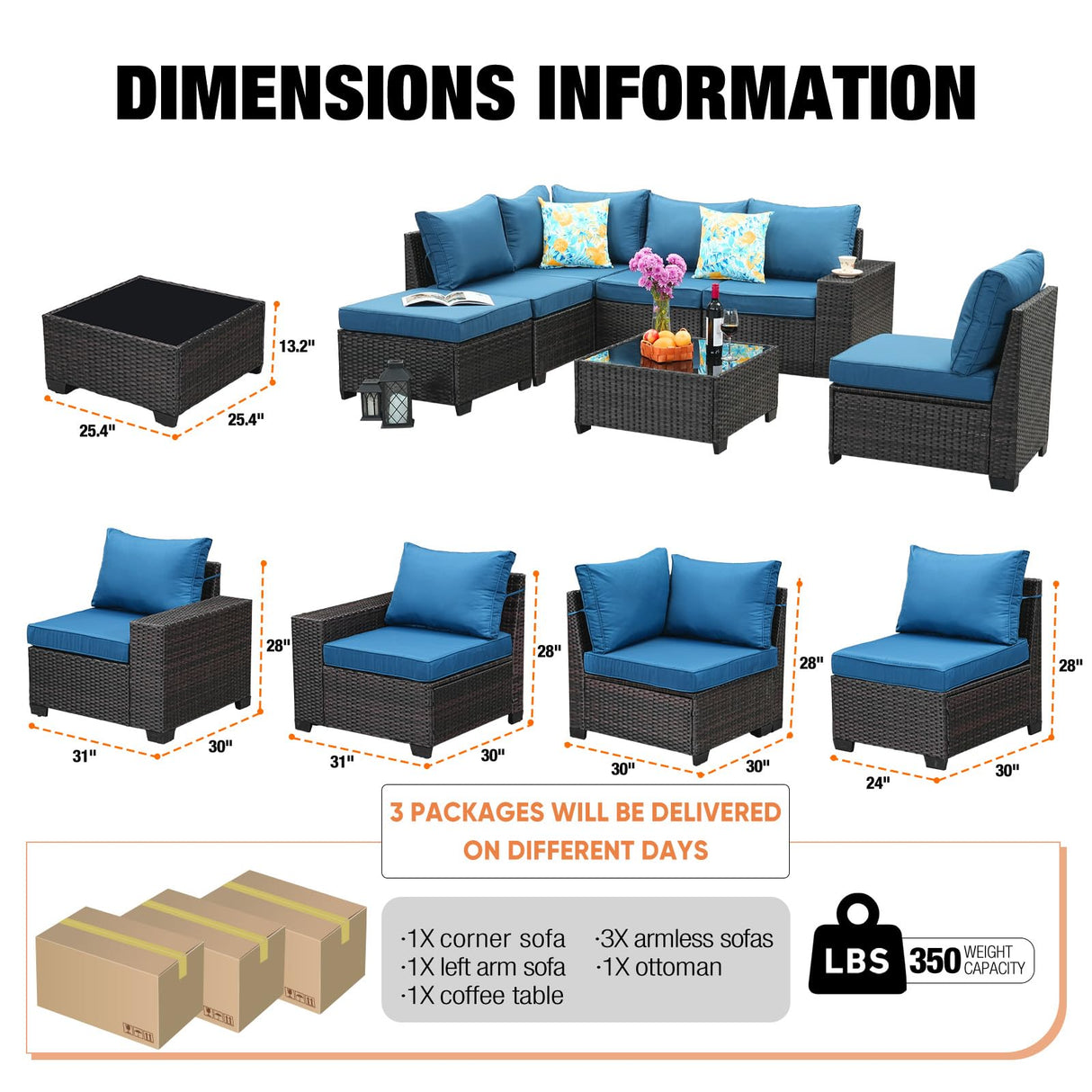 TerraRelax Patio Furniture Set 7 Pieces All Weather Patio Conversation Sets Wicker PE Rattan Outdoor Sectional Couch Sofa Set with Cushion Ottoman Table for Garden, Backyard, Poolside Peacock Blue TerraRelax