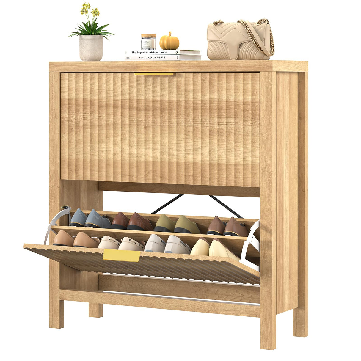 YOMILUVE Shoe Cabinet Storage for Entryway, Fluted Shoe Cabinet with 2 Flip Drawers, Hidden Shoe Rack Tall Freestanding Shoe Organizer with Legs for Hallway, Wood YOMILUVE