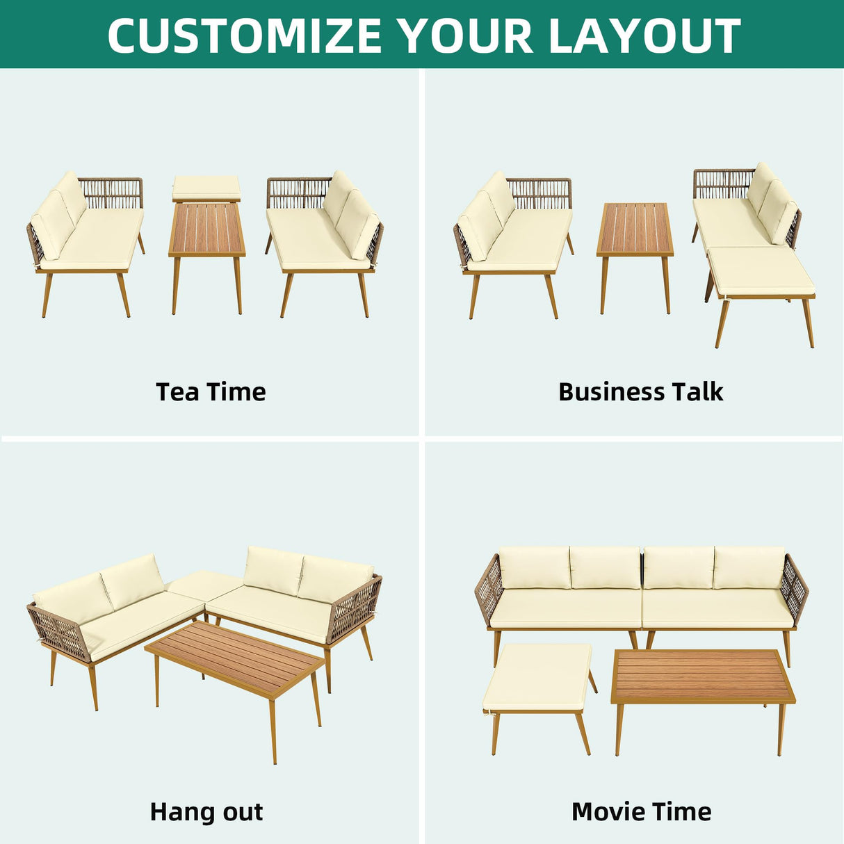 YITAHOME 4 Pieces Patio Furniture Set, Outdoor Rattan Woven Conversation Sectional L-Shaped Sofa with 5 Seater for Backyard, Porch, Boho Detachable Lounger with Cushions and Side Table - Beige YITAHOME