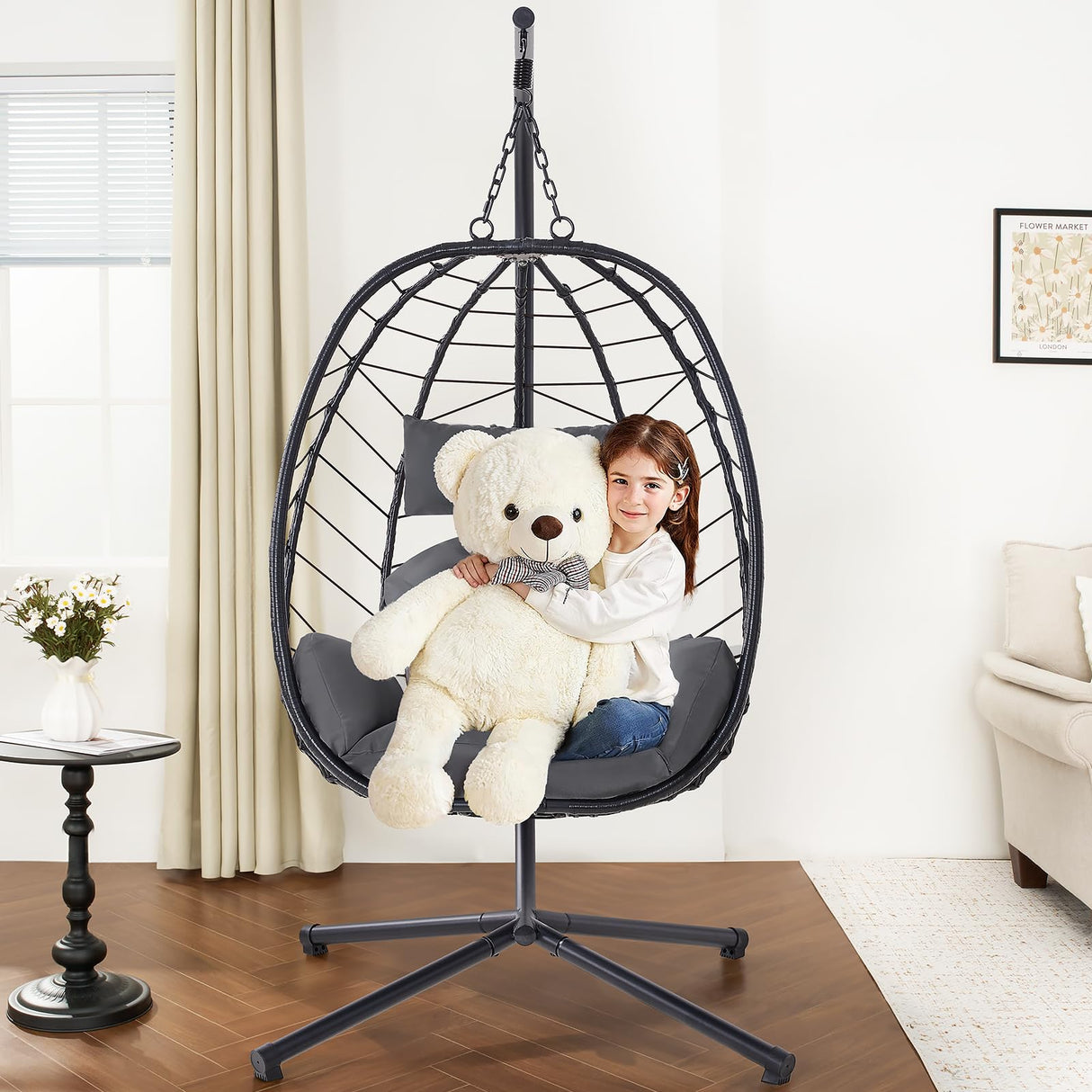 ONBRILL Hanging Egg Chair with Stand, Outdoor Indoor Egg Swing Chair with Cushion Headrest, Wicker Rattan Egg Chair with Dual Chains, 350LBS Capacity for Patio, Porch, Balcony, Bedroom (Dark Gray) ONBRILL