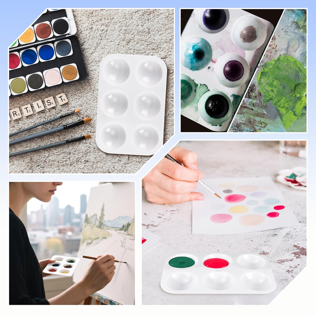 Bercoor 52 PCS Plastic Paint Palettes, 6 Well White Rectangular Watercolor Oil Palette Painting Tray Artist Craft Palettes for Painting Party, DIY Craft and Art Painting Bercoor
