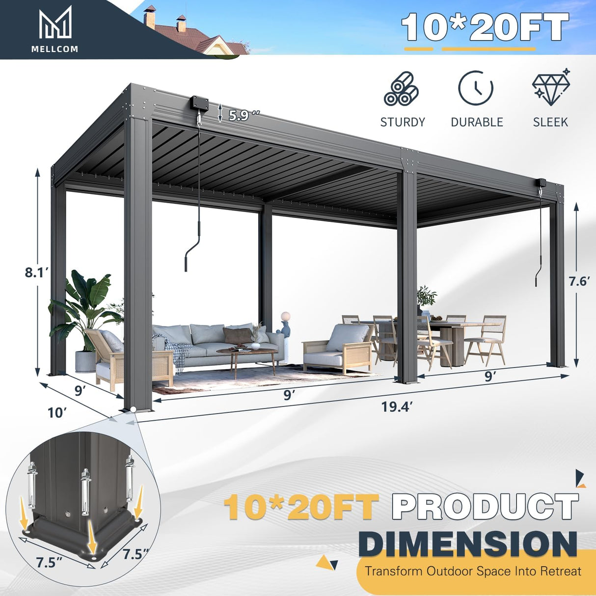 MELLCOM 10x20FT Louvered Pergola with 6 Pull-Down Screens, Aluminum Pergola with Adjustable Rainproof, Dark Gray MELLCOM