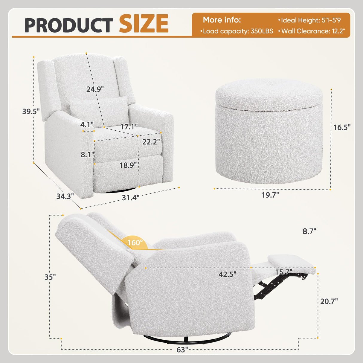 SENYUN Power Recliner Chair Swivel Glider, Large Rocker Recliner w/USB Charging Port, Boucle Upholstered Swivel Rocker Glider Recliner for Nursery,Bedroom,Living Room, 1PC, Cream SENYUN