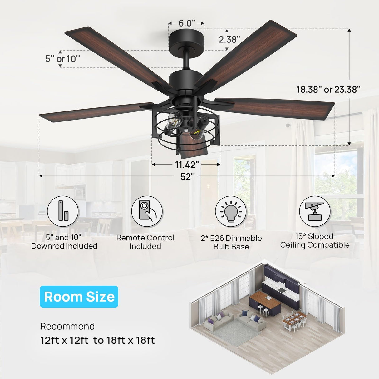 Consciot 52 Inch Ceiling Fan With Lights, Farmhouse Indoor Ceiling Fan With Remote, Quiet Reversible DC Motor, 5 Double Finish Wood Blades, Dimmable 2*E26 Bulbs(not included), Mela Model Consciot