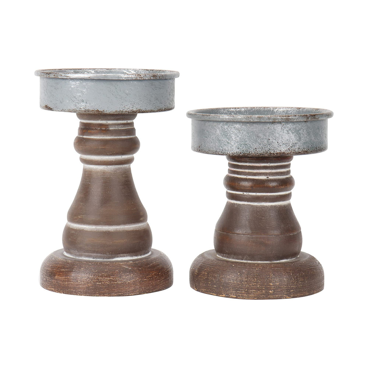 GenMous&Co. Decorative Candle Holders Pedestal Rustic Wood for Pillar Candle Farmhouse Candlestick Holder Galvanized Plate for Mantel, Dining Table, Centerpiece,Coffee Bar,Set of 2(Brown GENMOUS & CO.