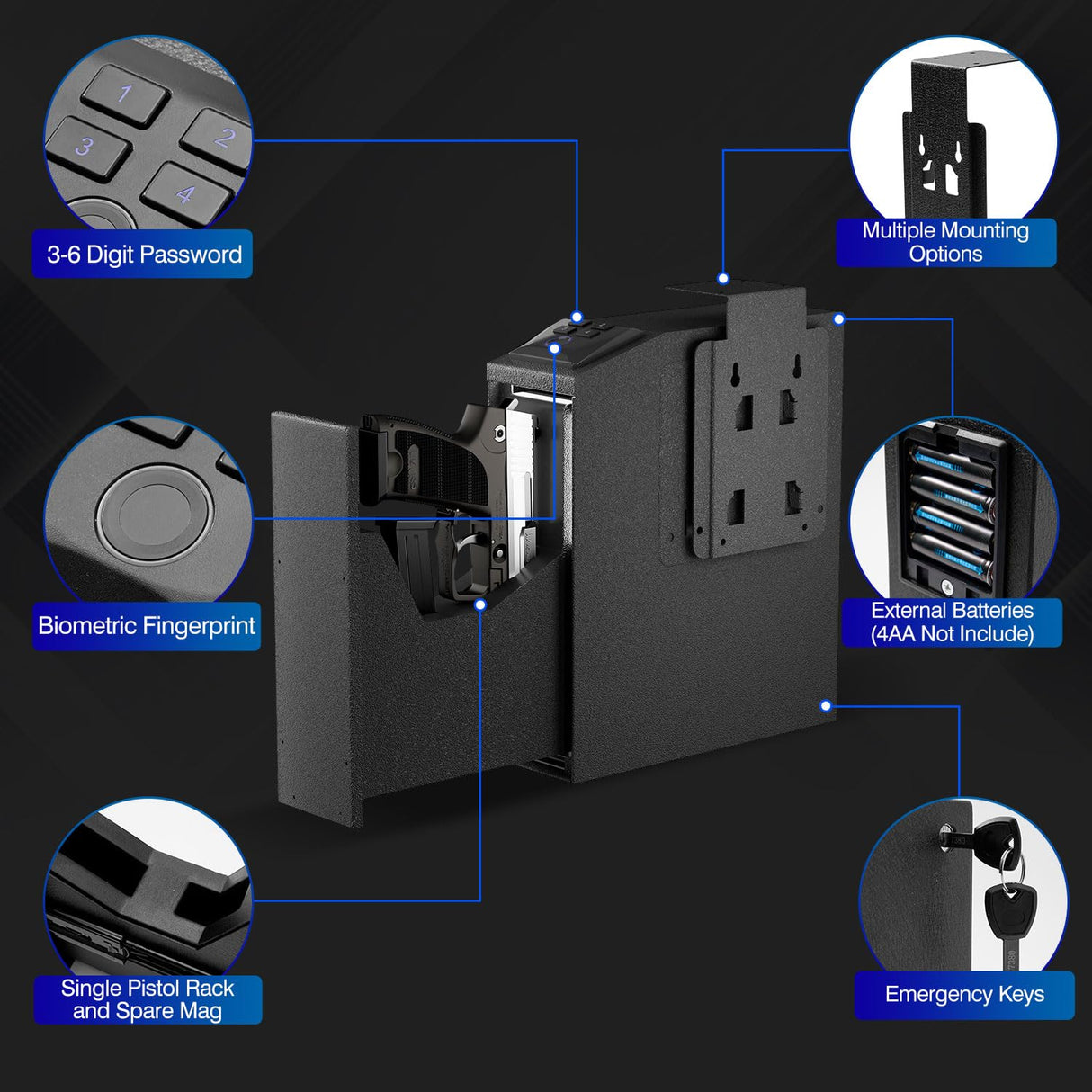 Arvilon Slider Handgun Safe for Nightstand, Biometric Beside Gun Safe for Pistols with Quick Access Sliding Door, Pistol Safes for Wall Bedside Desk Vehicle with the Fingerprint, Keypad Arvilon