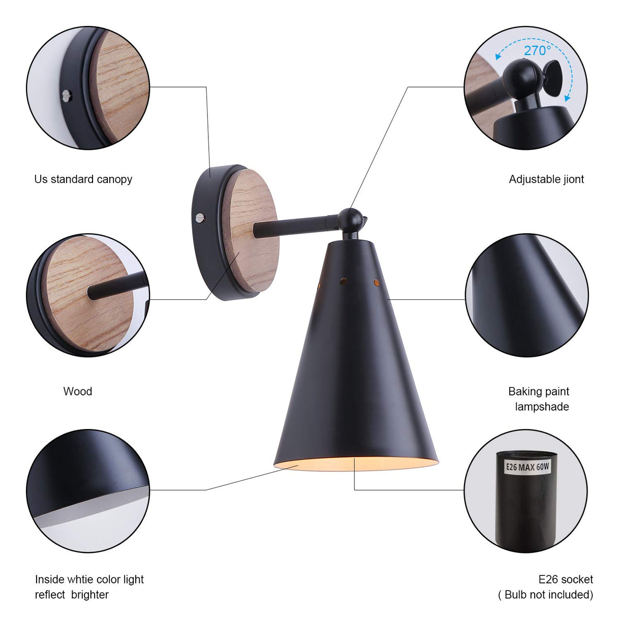 MWZ Rustic Farmhouse Black Metal and Wood Wall Sconce Adjustable Lamp,2 Pack,Rustic Wall Lighting Fixture for Bedroom, Living Room, Headboard, Garage, Porch MWZ