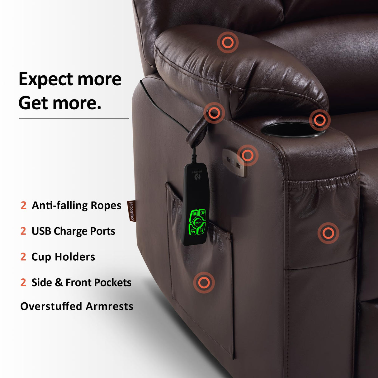 MCombo Large-Wide Lay Flat Dual Motor Power Lift Recliner Chair Sofa with Massage and Heat for Big Elderly People, Infinite Position, Faux Leather R7688 (Dark Brown, Large-Wide) MCombo