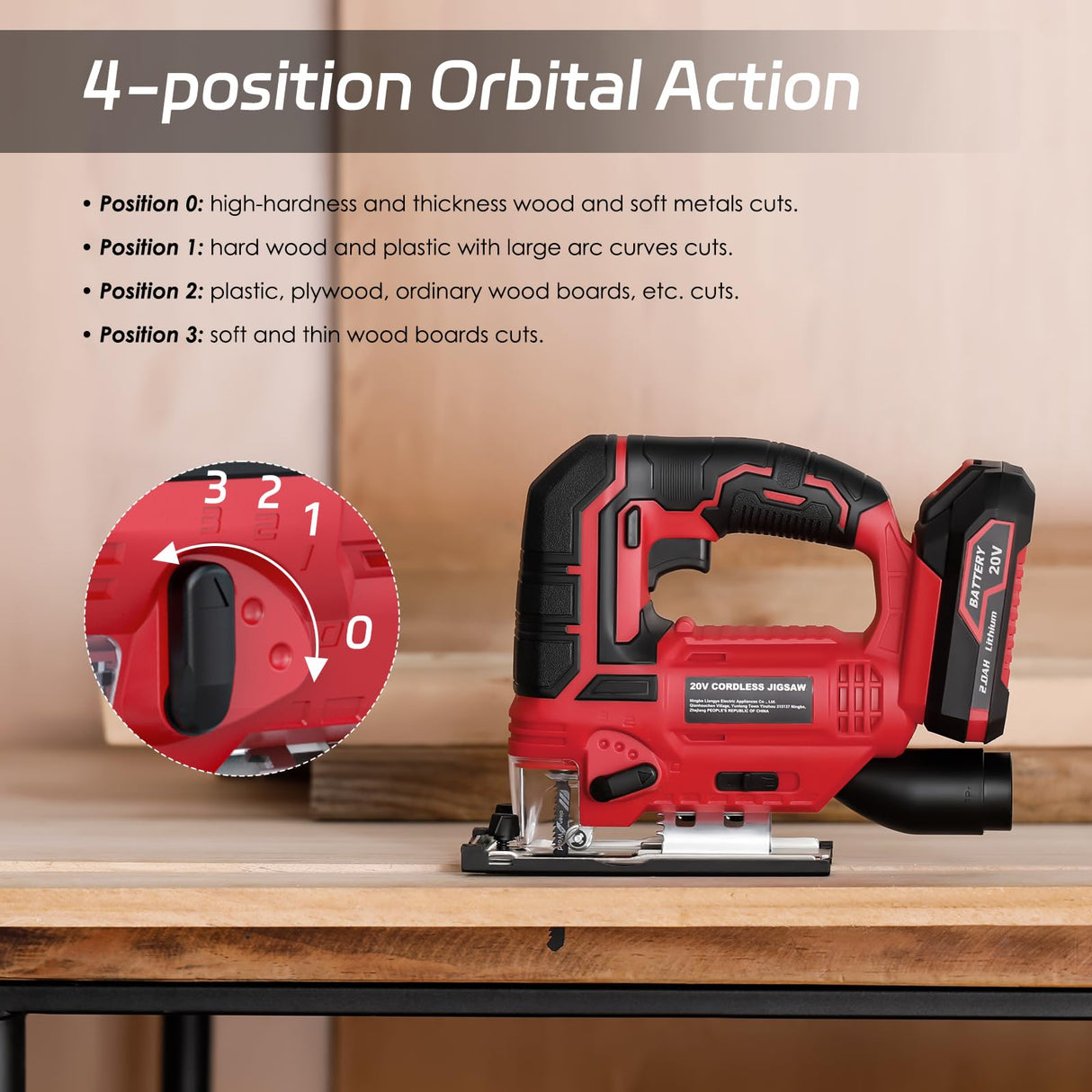 Jig Saw - 20V Cordless Jigsaw with Battery and Charger 2700 SPM Rechargeable Jigsaw with 10pcs Cutting Blades Bevel Angle (±45°) Variable Speed and 4 Orbital Function for Straight/Curve/Circle Cutting Vistreck