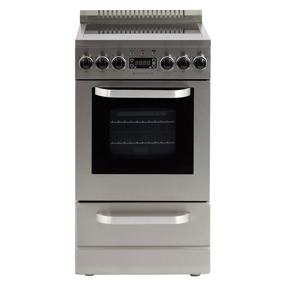 West Bend WB200ERPSS 20-Inch Electric Range, Compact Design, Top with 4 Cooking Zones, Glass Oven Door, Storage Drawer, and Rotisserie Accessories, 2.0 Cu. Ft, Stainless Steel, Metallic West Bend