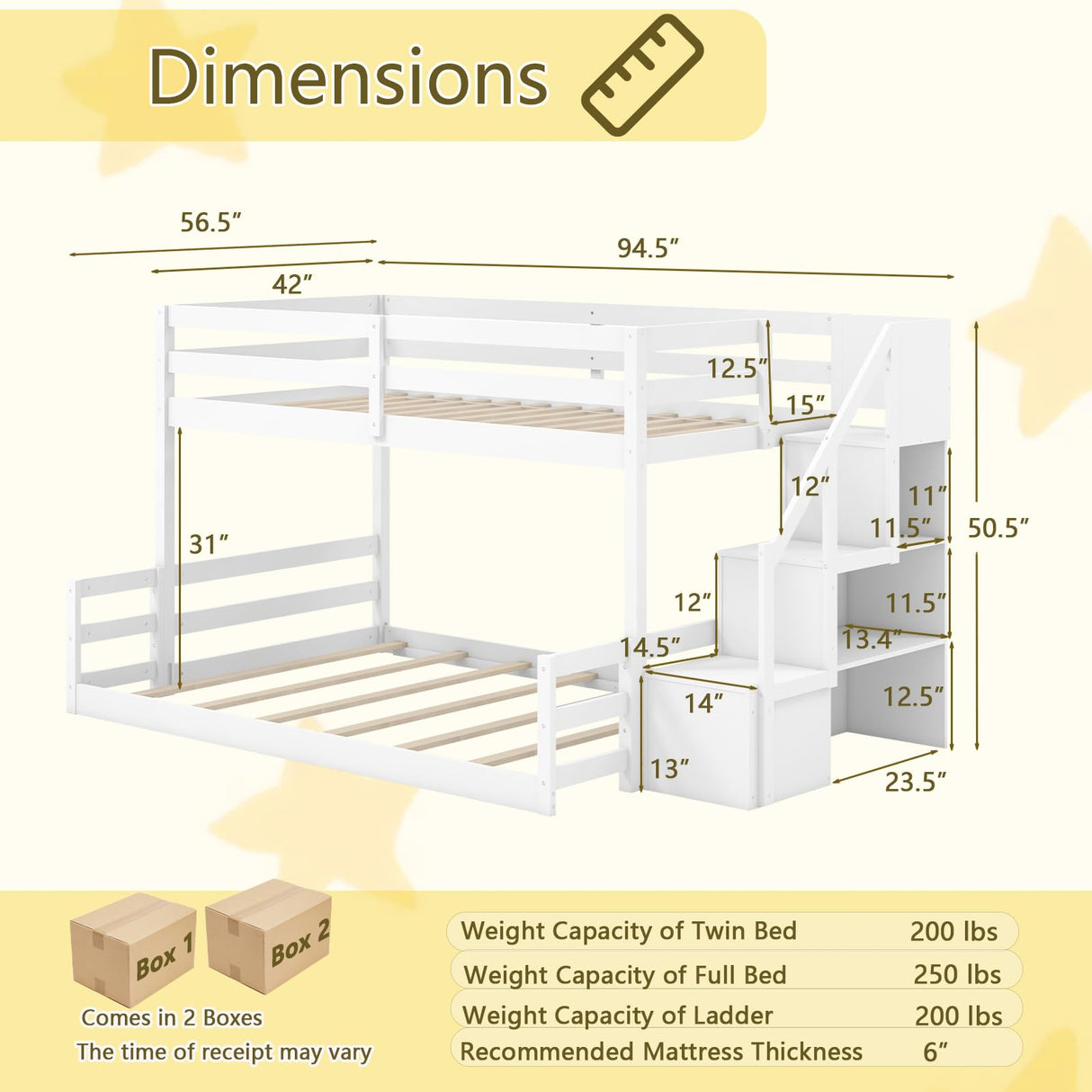 KOMFOTT Wood Twin Over Full Low Bunk Bed with Storage Staircase, Wooden Bunk Bed Frame with Full-Length Guardrails, Low Profile Bunk Bed with Slats Support, No Box Spring Needed (White) KOMFOTT