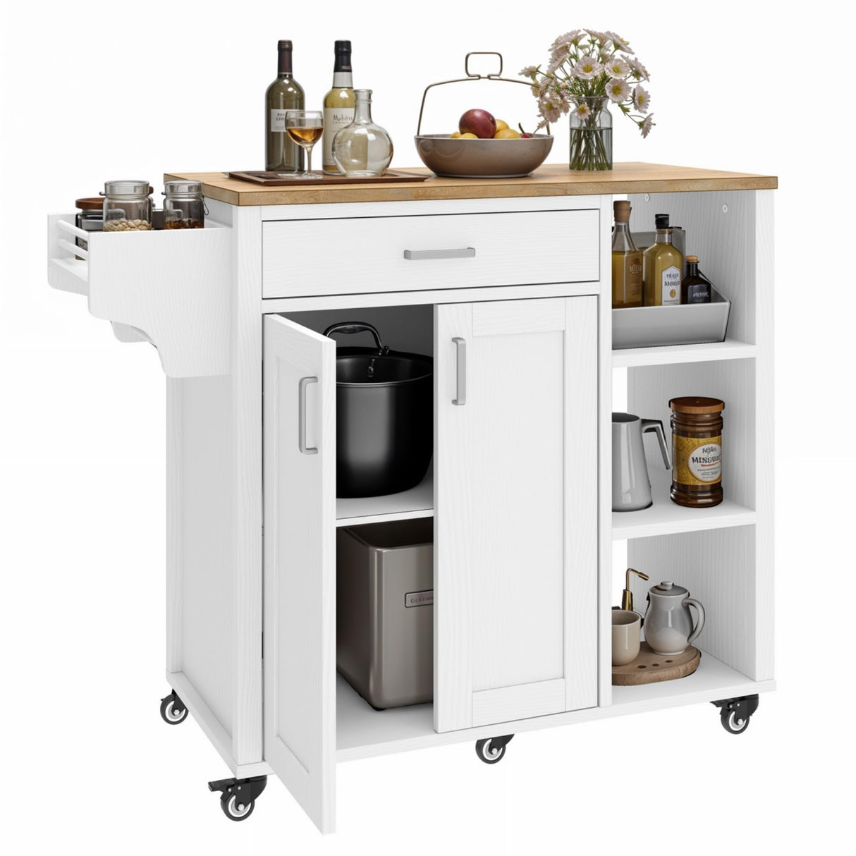 YITAHOME 37" Rolling Kitchen Island Cart with Storage, Butcher Block Island on Wheels, Mobile Kitchen Storage Carts with Shelves & Spice, White YITAHOME