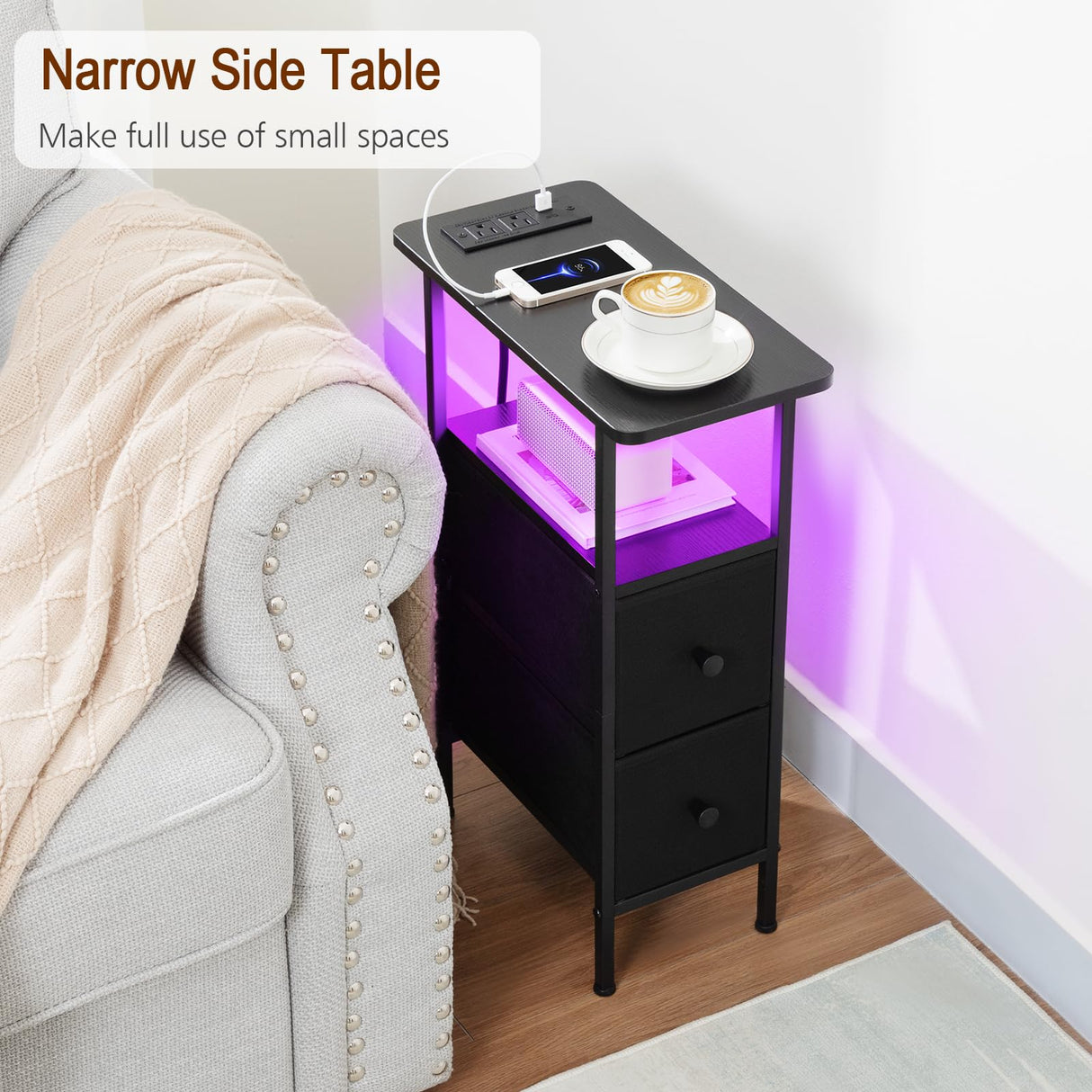 LOAKEKEL Narrow End Table Living Room with Charging Station, Skinny Side Table with Fabric Drawers, Slim LED Nightstand for Bedroom, Small Spaces, Couch, Black, HETNDP02LBK-1 LOAKEKEL