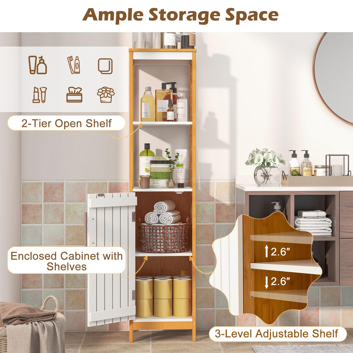 LOKO Bamboo Bathroom Storage Cabinet, Freestanding Floor Cabinet with Door, Adjustable Shelf & Open Shelves, Slim Narrow Linen Tower Cabinet for Living Room, Laundry Room, Kitchen, (White+Natural) LOKO