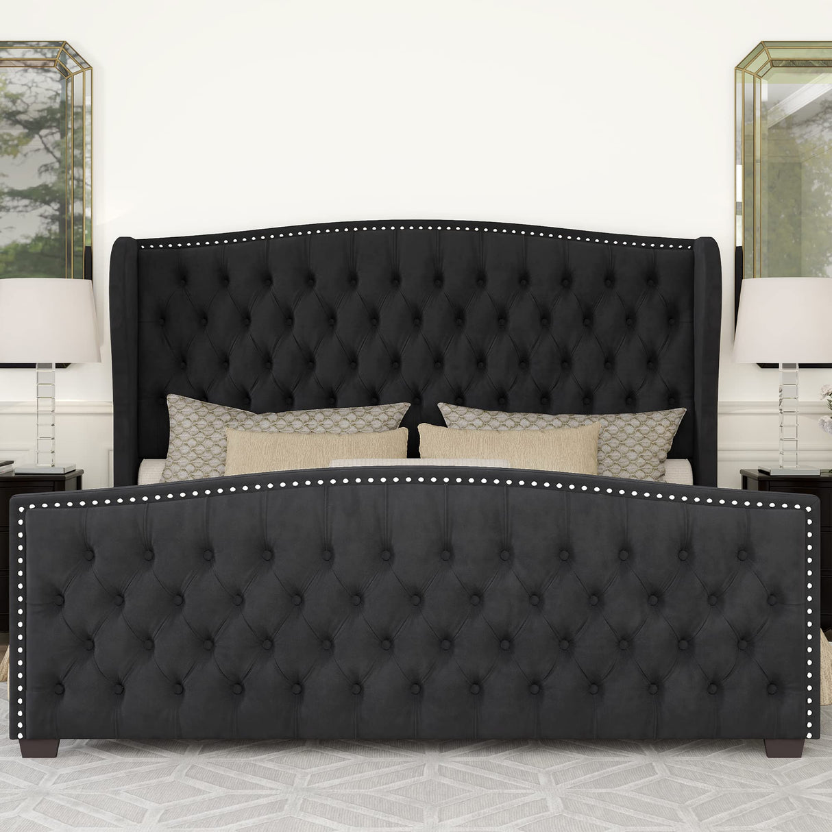 AMERLIFE Queen Size Platform Bed Frame, Velvet Upholstered Bed with Deep Button Tufted & Nailhead Trim Wingback Headboard/No Box Spring Needed/Black AMERLIFE
