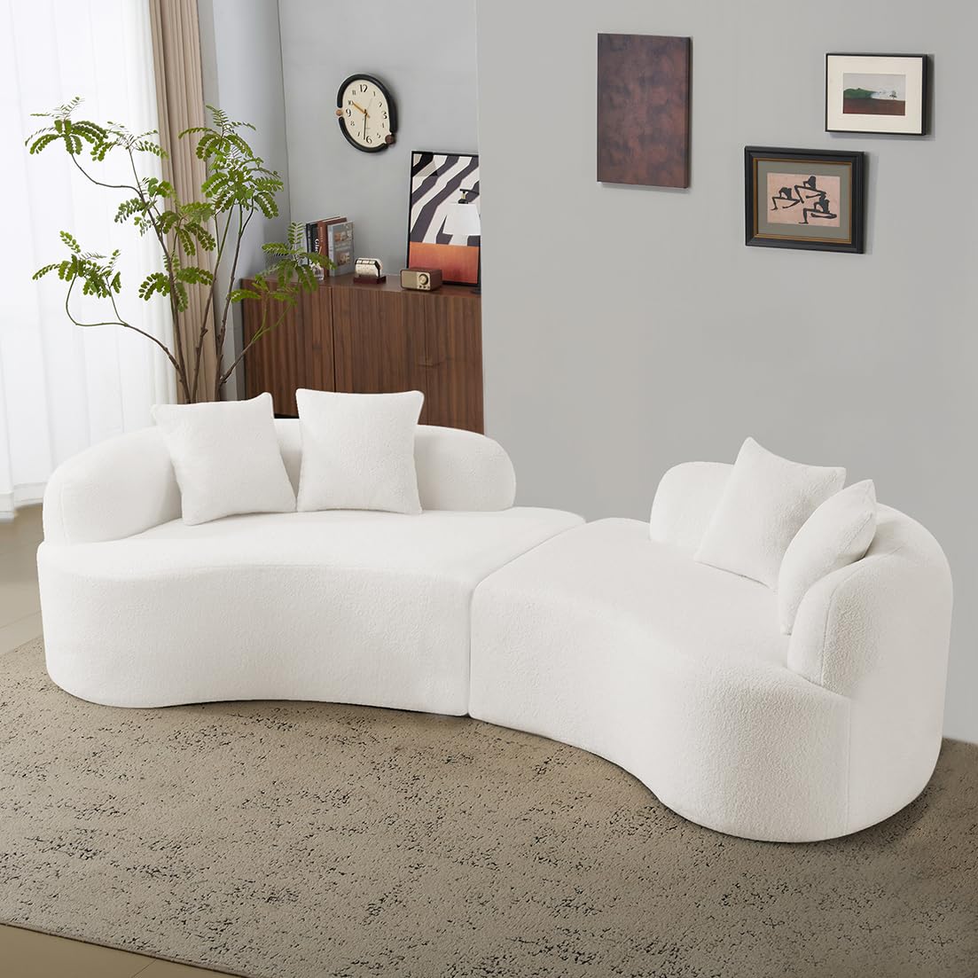 wellzoo Modern Curved 4-Seater Sofa, 106.7 inch Wide, Teddy Velvet Fabric, White wellzoo