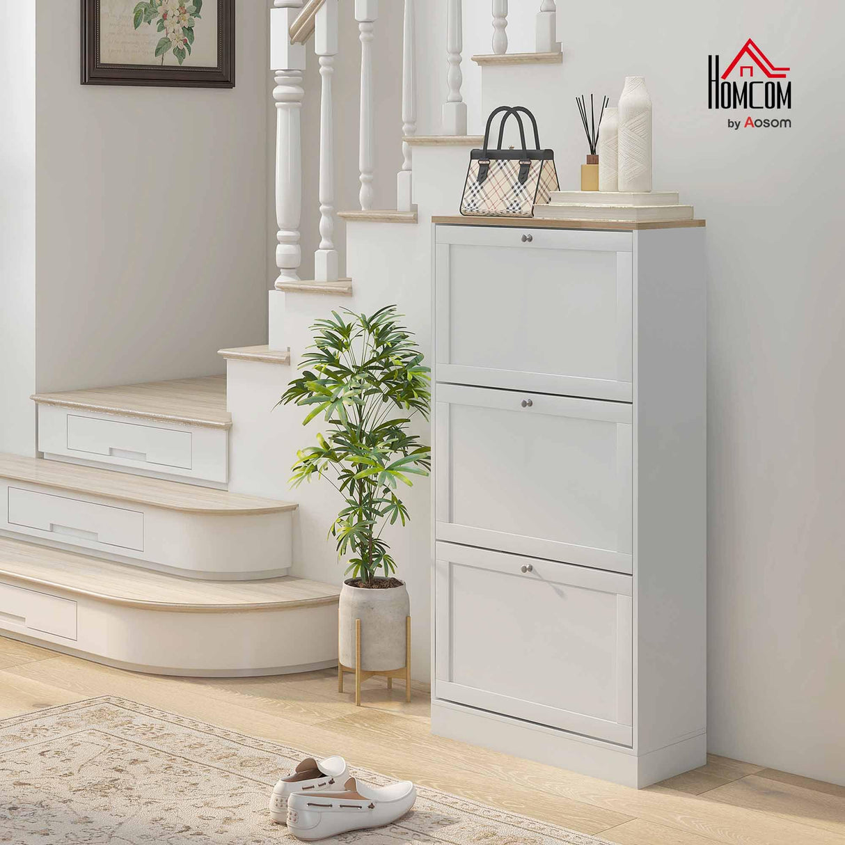 HOMCOM Slim Shoe Cabinet for Entryway, Modern Hidden Shoe Storage Cabinet with 3 Flip Drawers and Adjustable Shelves for 18 Pairs of Shoes, White HOMCOM